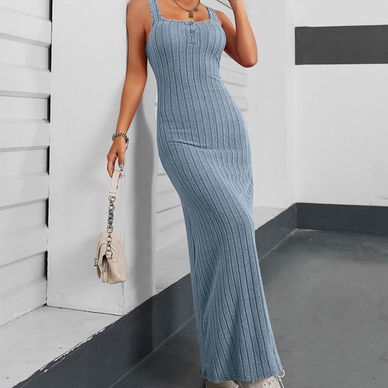 Solid Color Sleeveless Square Neck Slim Knitted Maxi Dress