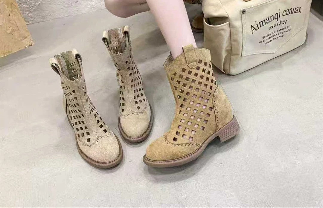 Hollowed-Out Mesh Mid-Calf Boots