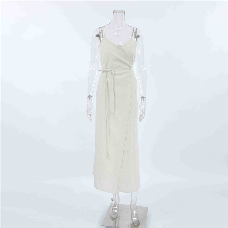 V-Neck Sleeveless Belted Dress in Solid Color - Slim Fit