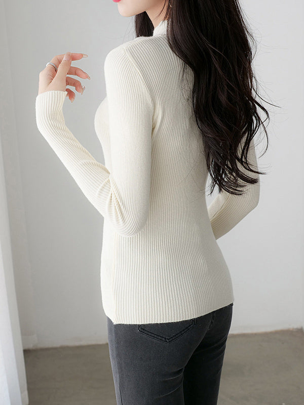 Simple Long Sleeves Skinny Solid Color High-Neck Pullovers