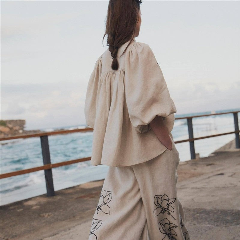 Printed Cotton Linen Wide-Leg Pants Set