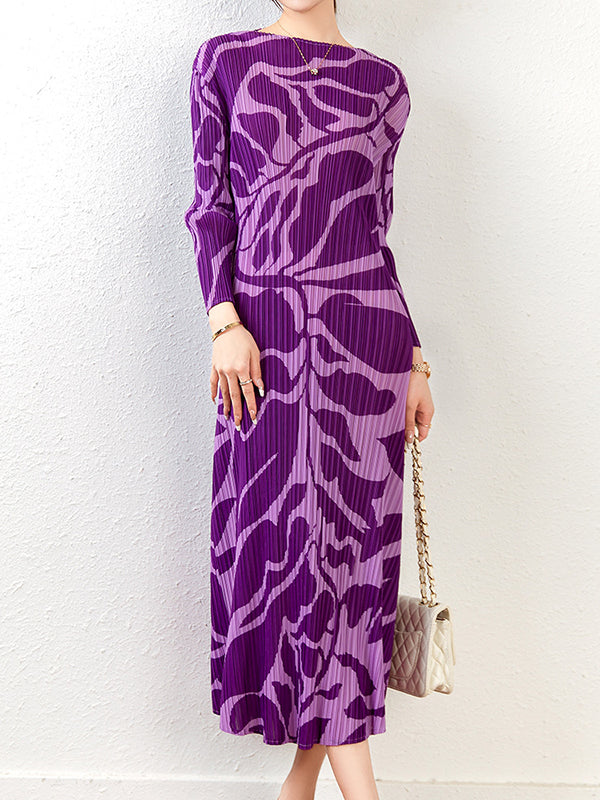 Fashion Floral Printed Pleated Long Sleeves Midi Dress