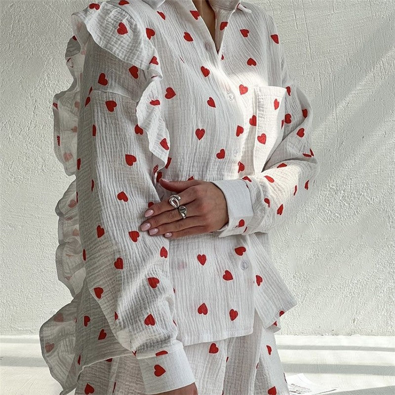 Heart Print Long Sleeve Lapel Single Breasted Top and Shorts Set - Cute Loungewear