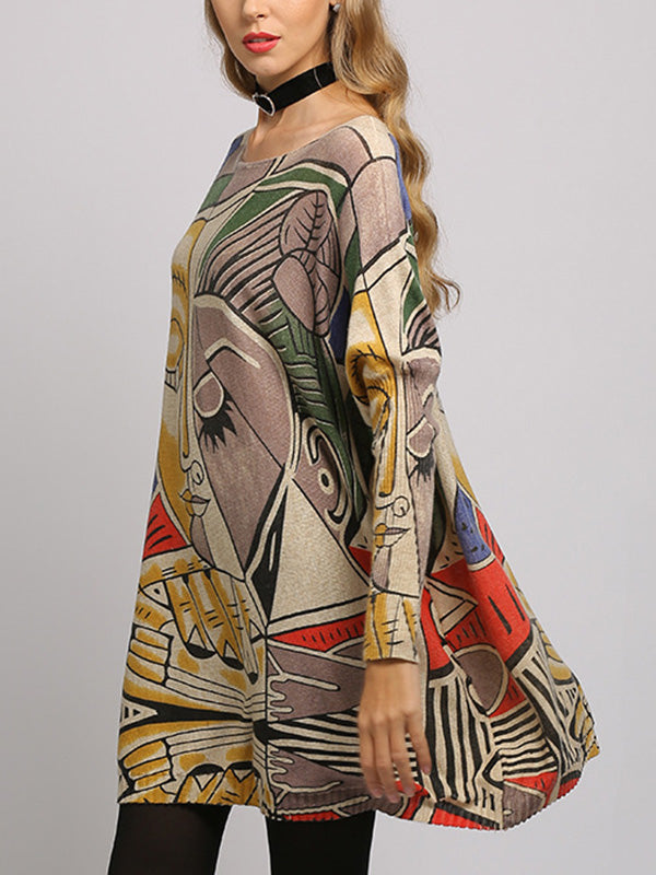 Long Sleeves Loose Figure Printed Boat Neck Knitwear