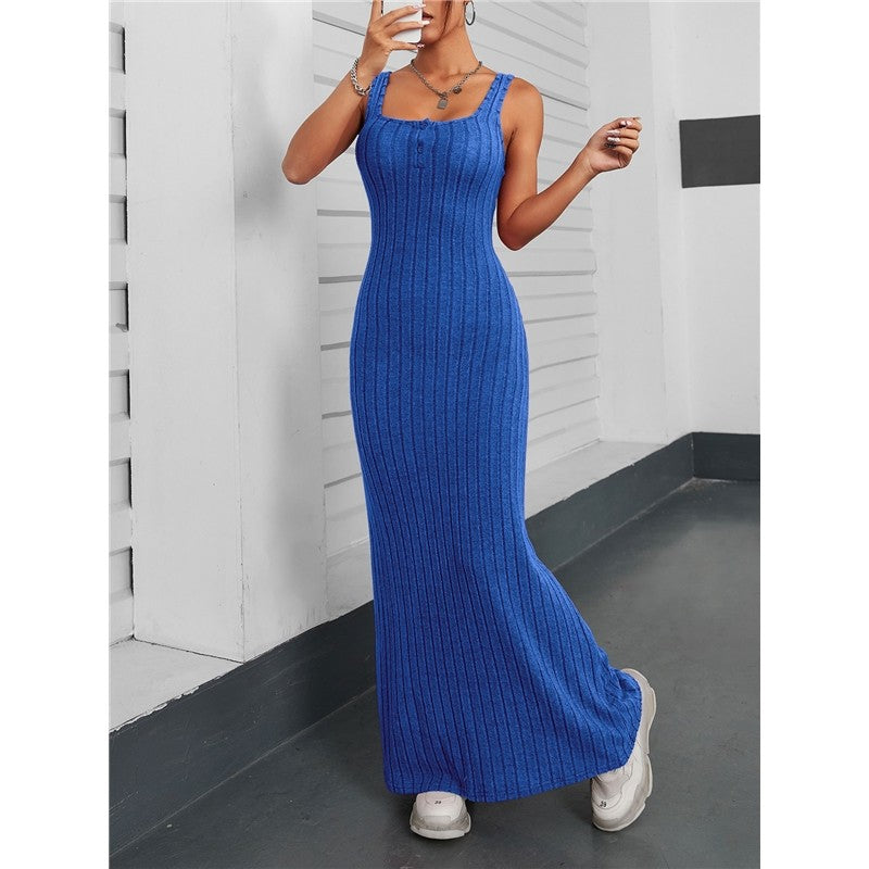 Solid Color Sleeveless Square Neck Long Knitted Dress