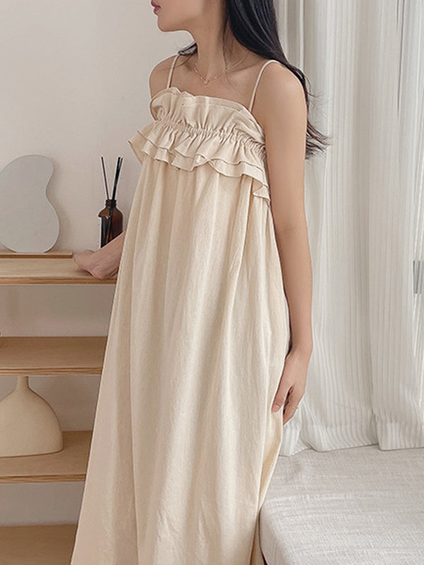 Loose Sleeveless Elasticity Pleated Ruffled Solid Color Spaghetti-Neck Midi Dresses Pajama Dress