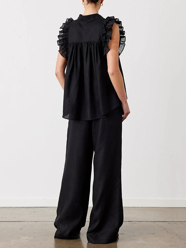 High Waisted Loose Pockets Solid Color Pants Trousers