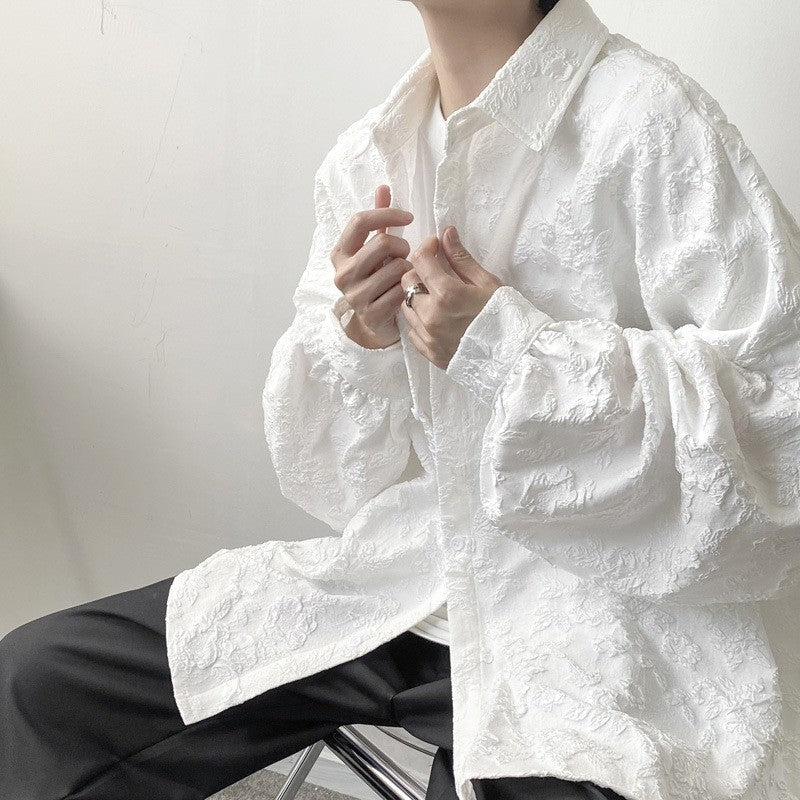 Embossed Pleated Long Sleeve Shirt in Solid Color