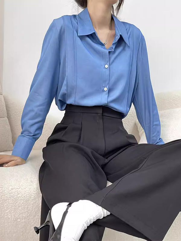 Long Sleeves Loose Pleated Split-Joint Lapel Blouses&Shirts Tops