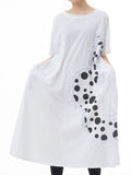 Loose Short Sleeves Polka-Dot Split-Joint Round-Neck Midi Dresses