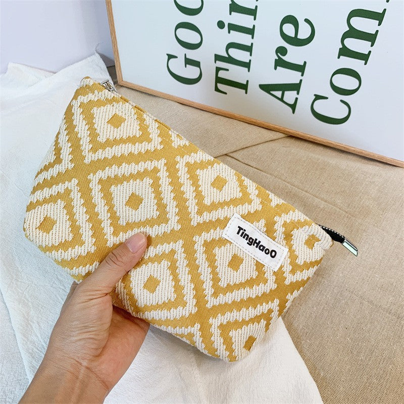 Women's Geometric Fabric Cosmetic Bag - Multi-Compartment Makeup Organizer with Zipper