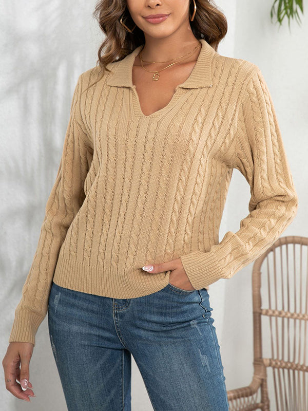 Long Sleeves Loose Solid Color Split-Joint Lapel Sweater Tops