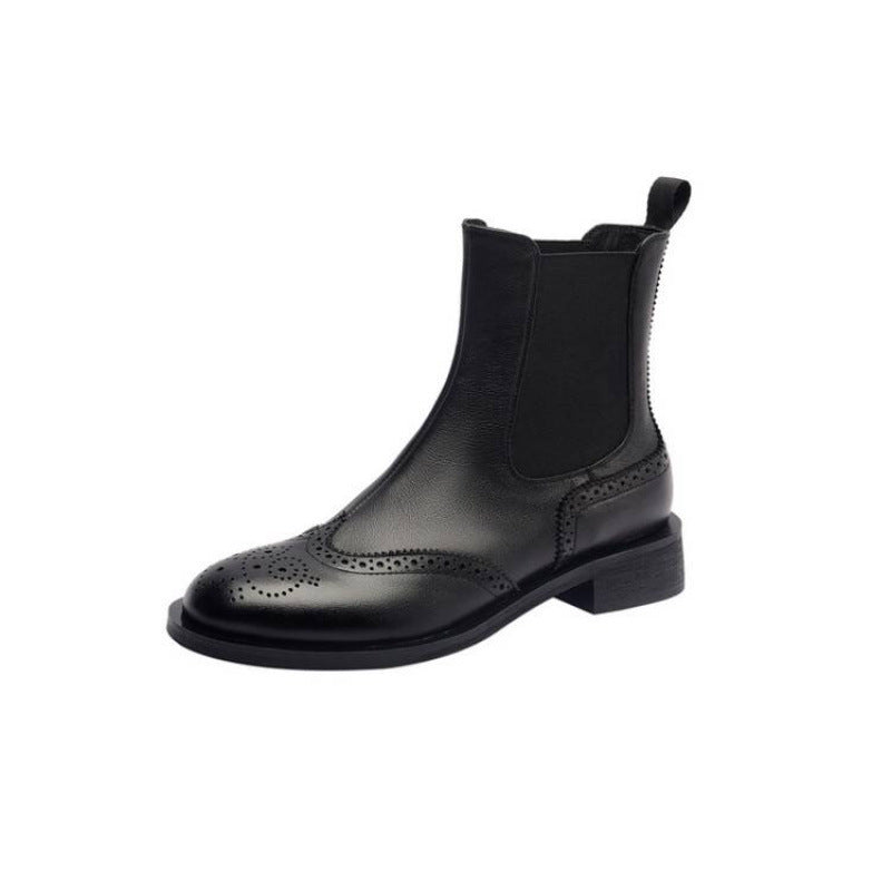 Women's Full-Grain Leather Ankle Boots | Chunky Heel British-Style Mid-Calf Boot