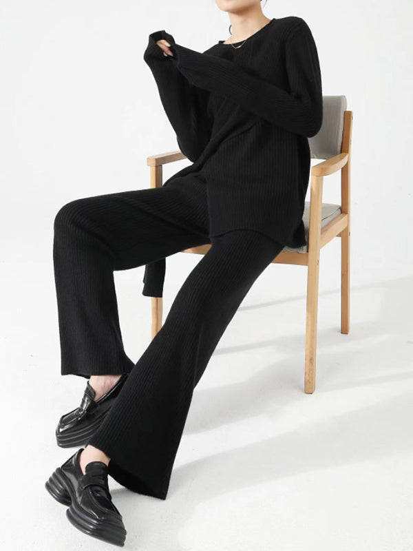 Loose Asymmetric Solid Color Split-Front Round-Neck Long Sleeves Sweater Top   Pants Bottom Two Pieces Set