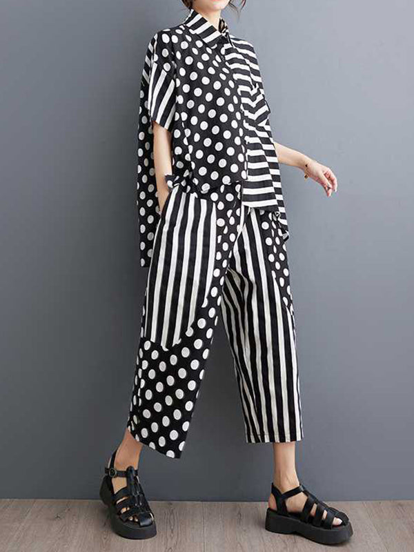 Half Sleeves High-Low Asymmetric Contrast Color Polka-Dot Split-Side Striped Lapel Blouses Top + Pants Bottom Two Pieces Set
