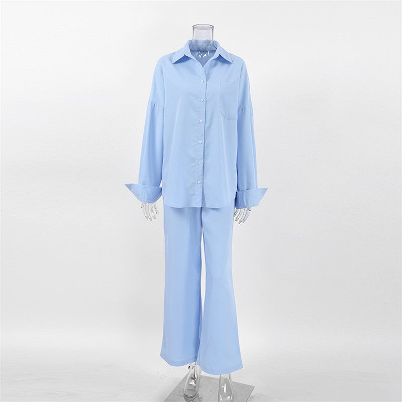 Casual Solid Color Shirt and Pants Ensemble