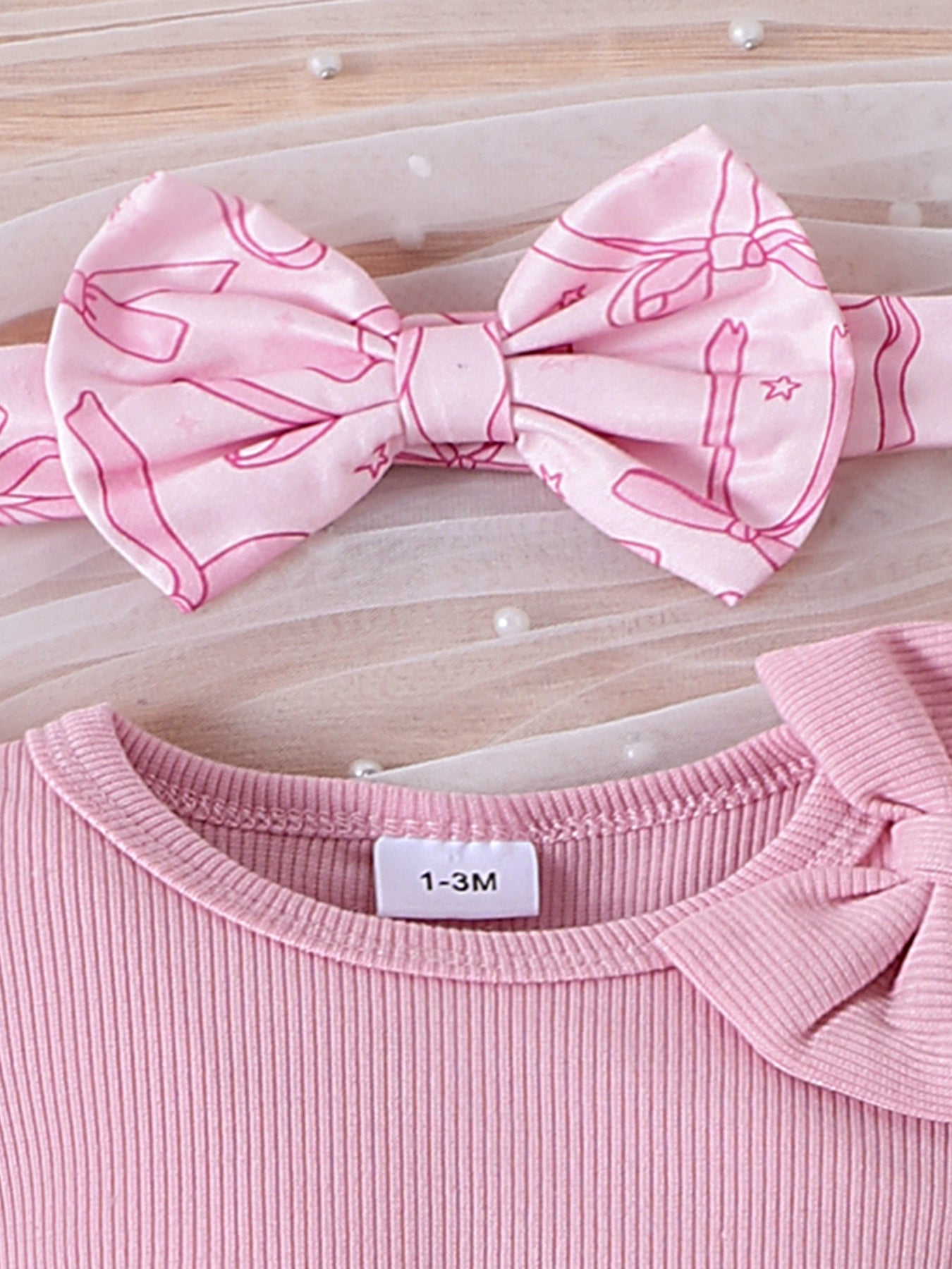 Children's Bowknot Ruffle Trim Bodysuit & Skort & Headband Set