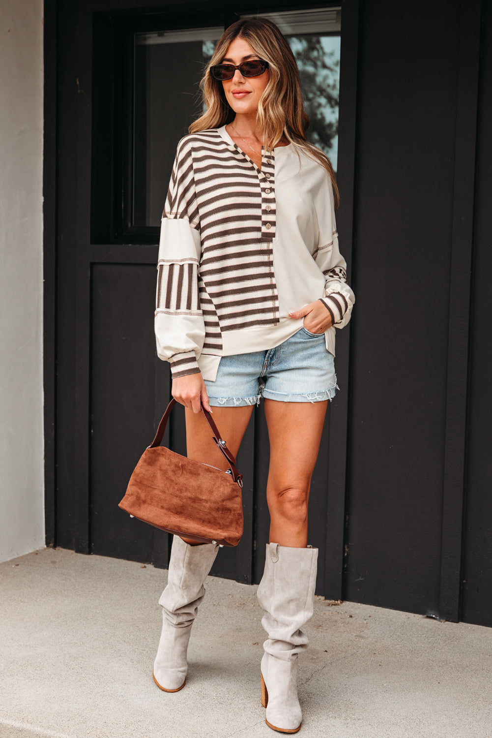 Khaki Stripe Stitched Detail Color Block Patchwork Oversized Pullover Top