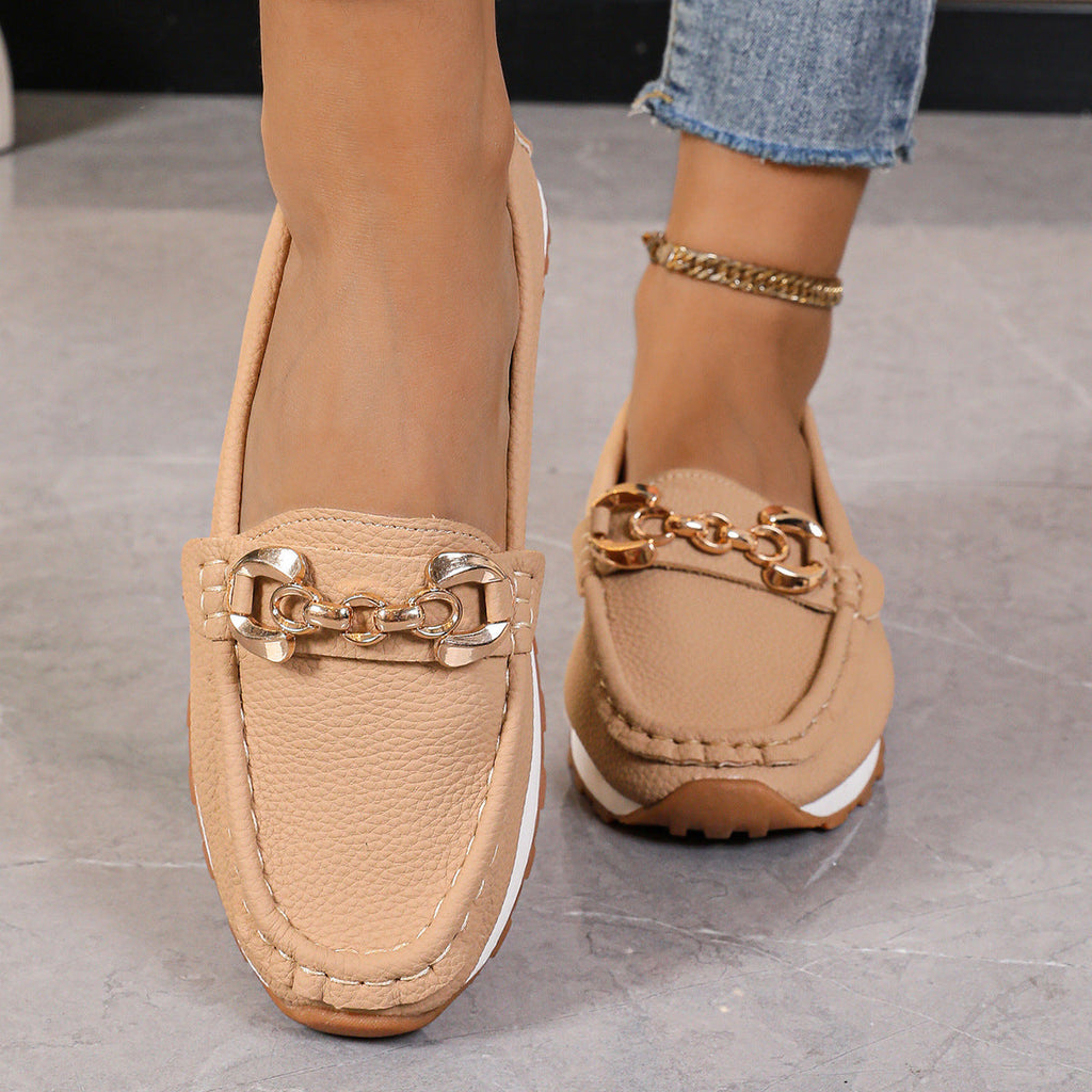 Women's Metal Chain Flat Slip-On Loafers | Breathable PU Preppy Flats