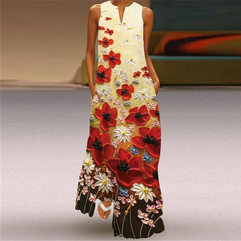Sleeveless V-Neck Floral Print Casual Dress