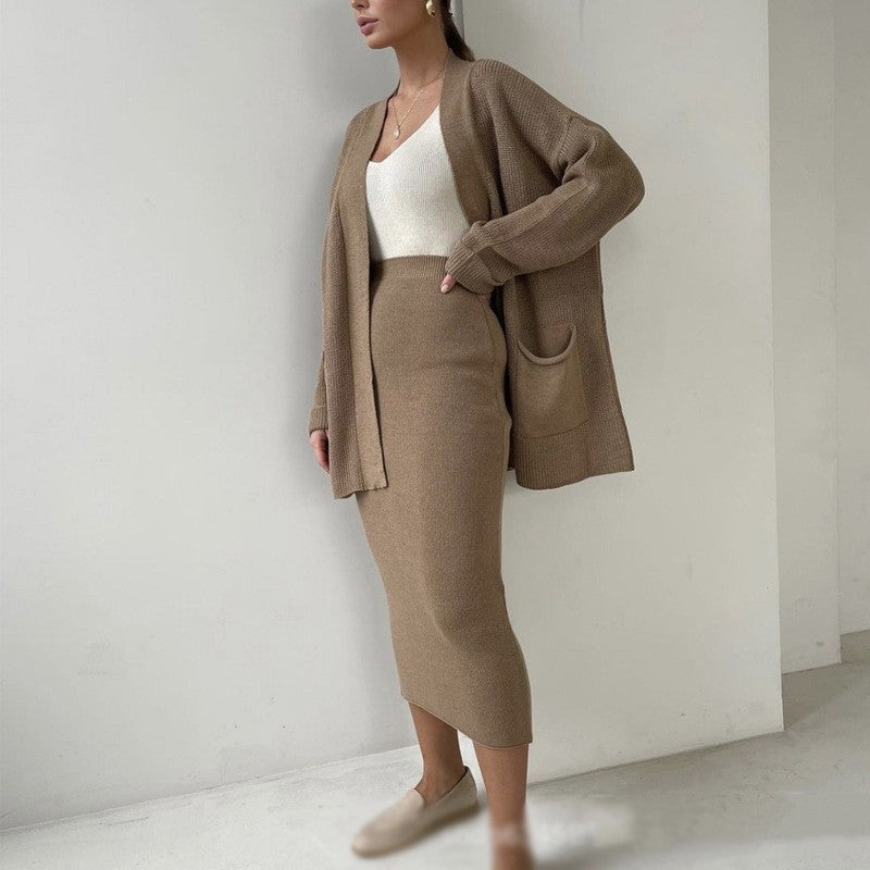 Two-Piece Solid Color Long Sleeve Sweater Cardigan and Skirt Set
