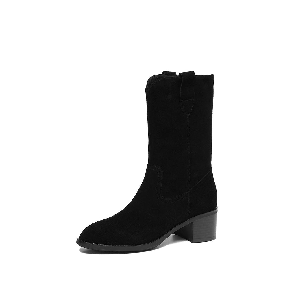 Women's Genuine Cowhide Leather Chunky Heel Mid-Calf Boots | Square Toe Side Zipper | Matte Embossed Finish