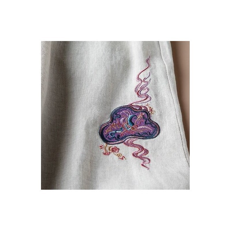 Embroidered Wide-Leg Linen Blend Cropped Pants
