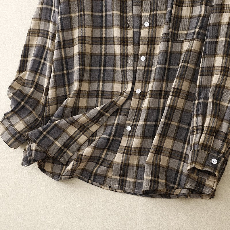 Long Sleeve Lapel Retro Plaid Casual Loose Blouse