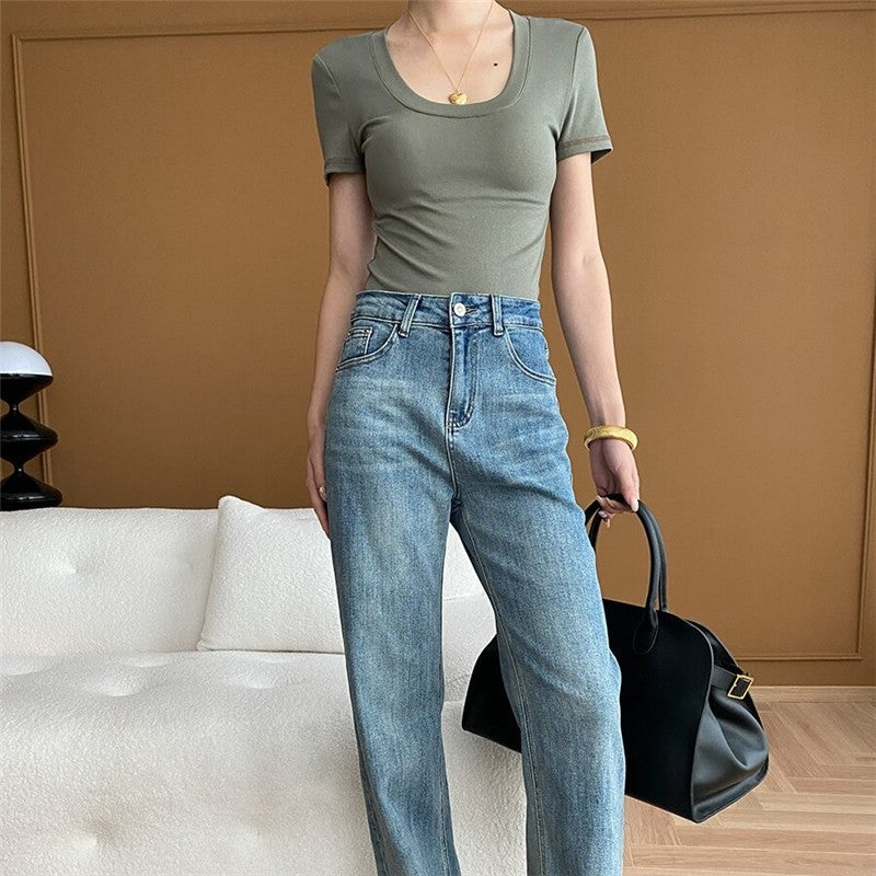 V-Neck T-Shirt with Unique Outer Seam Stitching