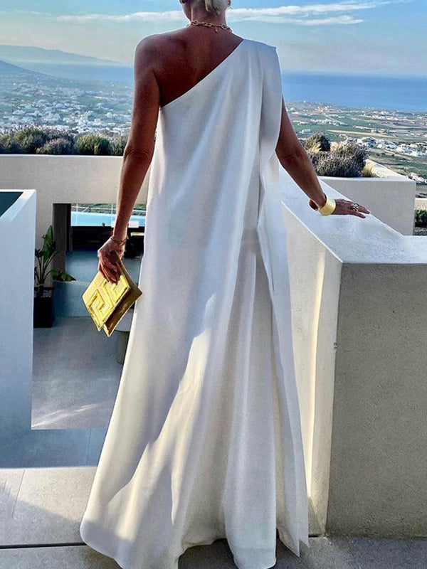 Flowy White One-Shoulder Maxi Dress with Asymmetrical Hem