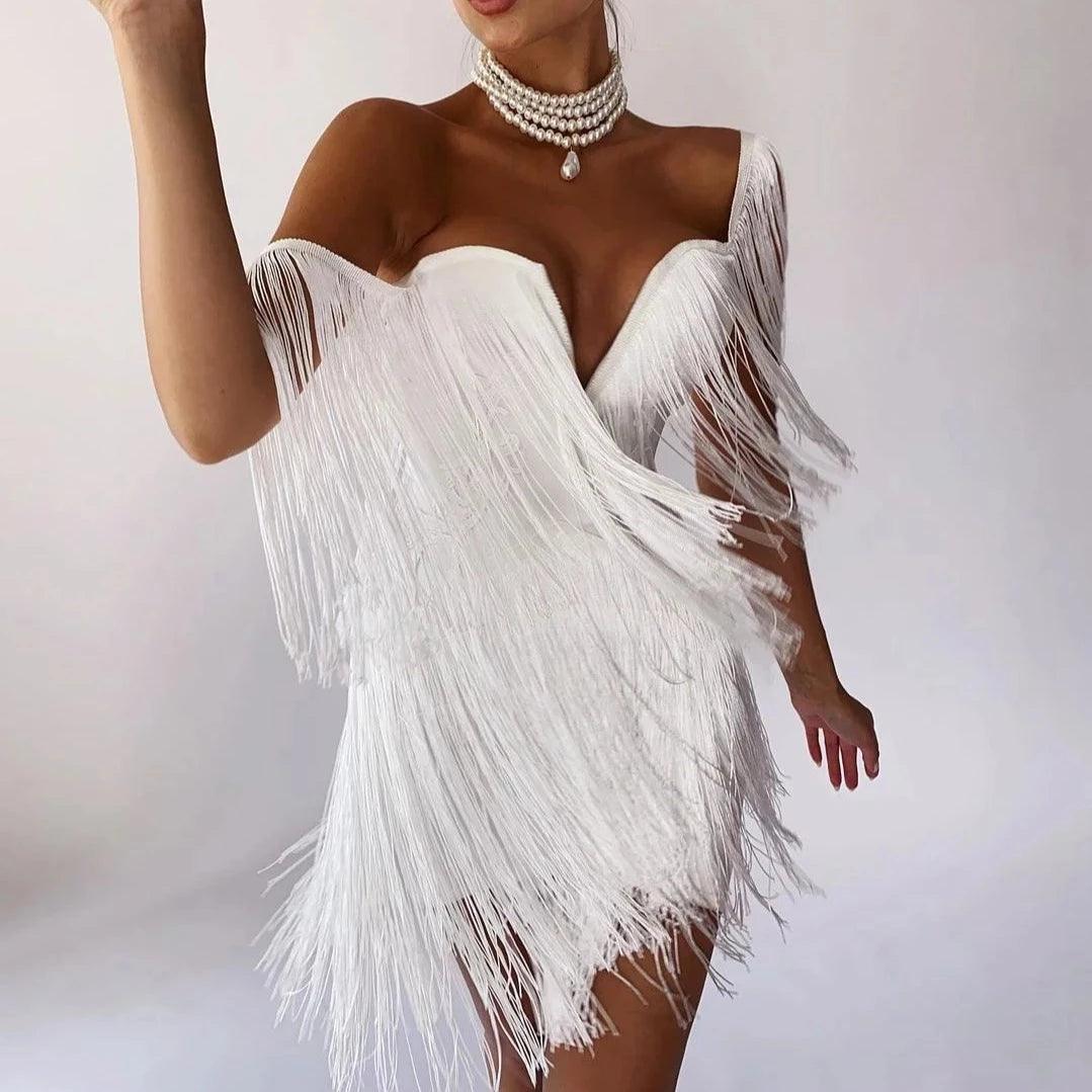 Celestial Chic White Tassel Off-Shoulder Mini Dress