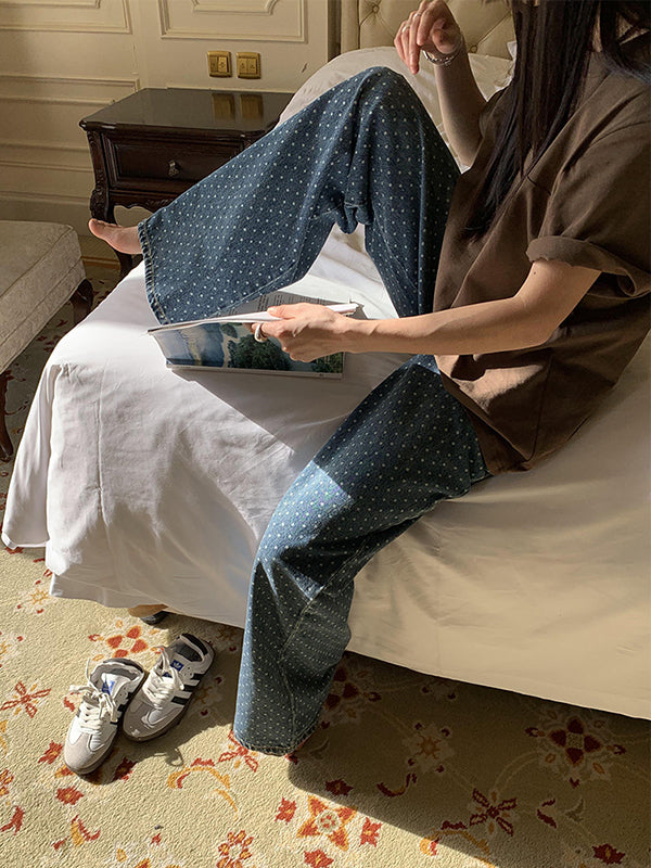 Loose Wide Leg Polka-Dot Split-Joint Jean Pants Bottoms