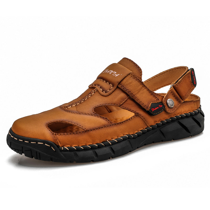 Men's Large Size Velcro Sandals – Split Cowhide Leather Upper, Rubber Sole, Sizes 38–48