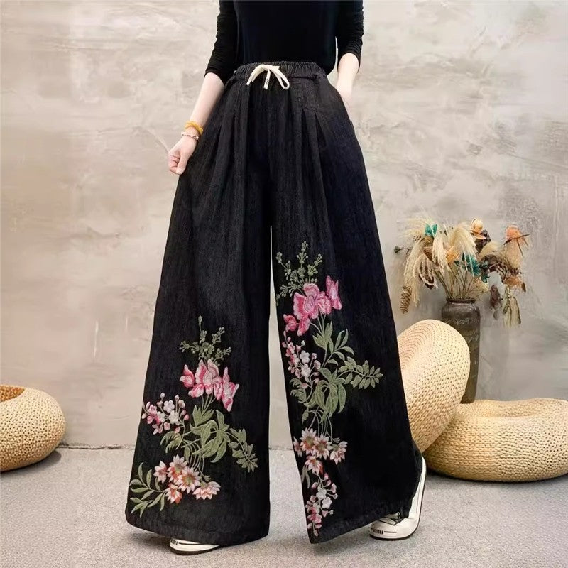 Wide Leg High Waisted Embroidered Tie Waist Pants