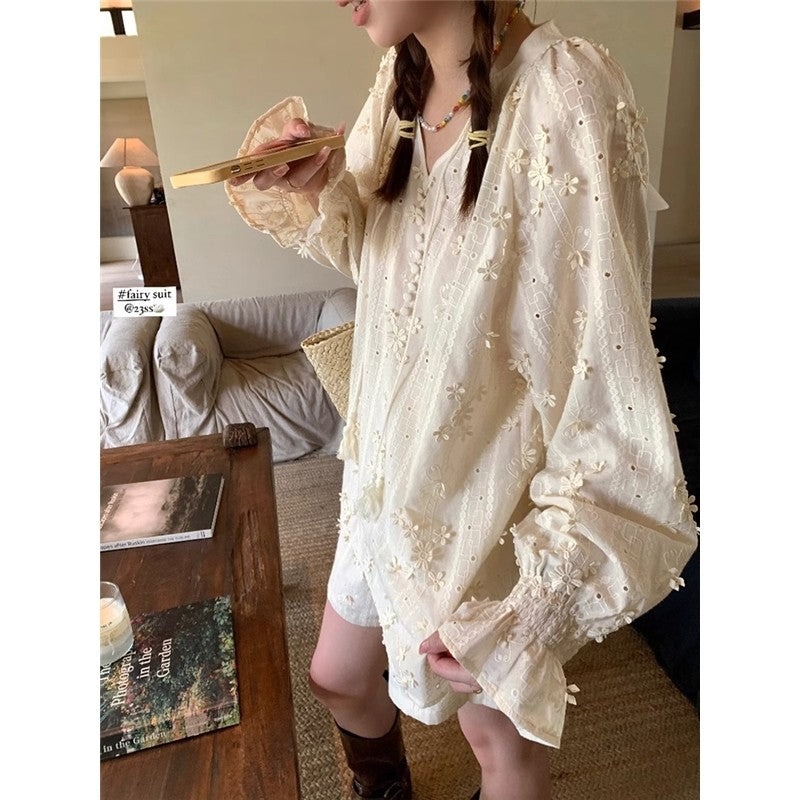 Solid V-Neck Long Sleeve Hollow Retro Blouse