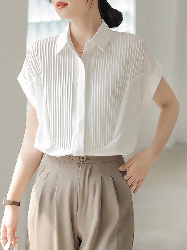 Loose Short Sleeves Buttoned Pleated Solid Color Split-Joint Lapel Blouses&Shirts Tops
