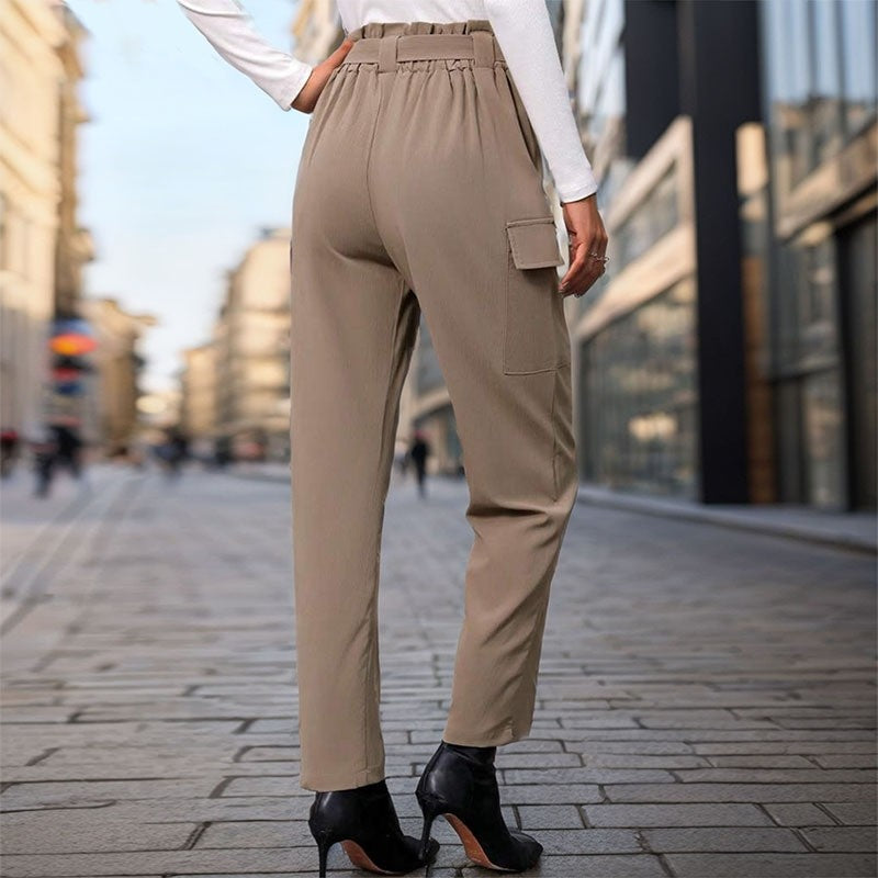 High-Waisted Solid Color Pants with Pockets for Chic Commuting