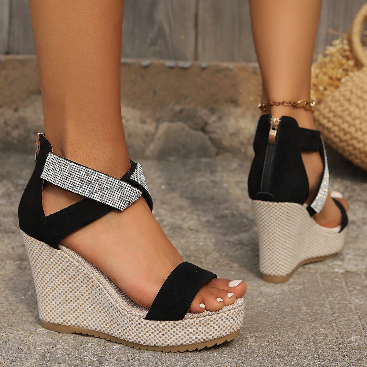 Women's Rhinestone Wedge Sandals | Fish Mouth Platform High Heel Summer Shoes