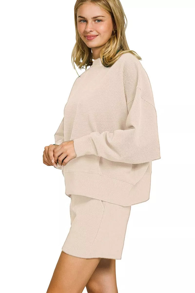 Ribbed Round Neck Pullover and Shorts Set
