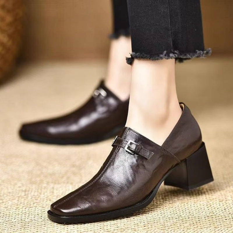 Women's Square Toe Wedge Buckle Boots – Leather High-Top Dress Shoes | Black & Dark Brown