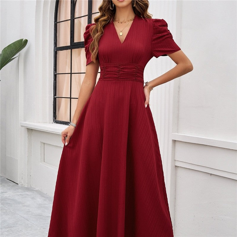 Chic Solid Color Waist-Cinched Dress
