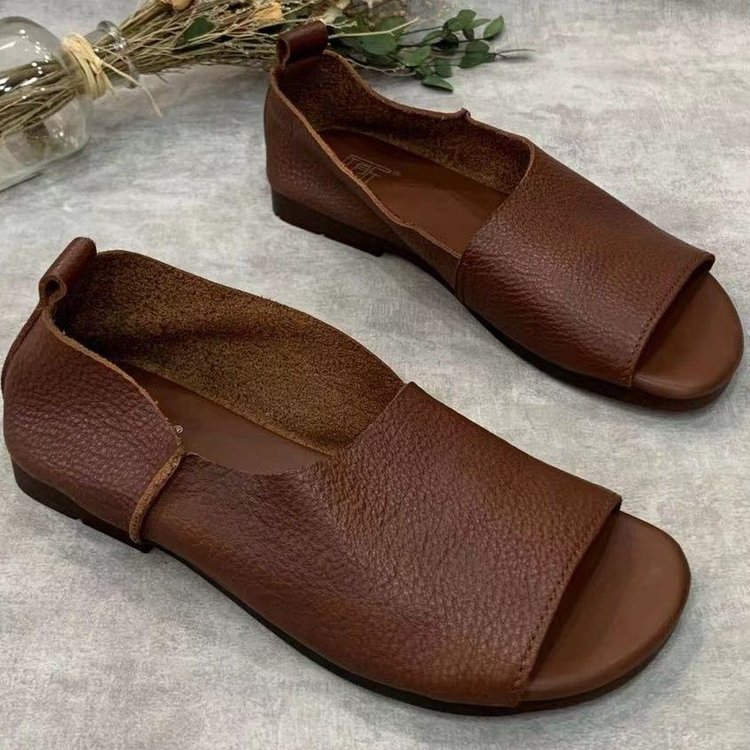 Women's Retro Handmade Soft Leather Open-Toe Sandals | Slip-On Fish-Mouth Shoes with Soft Sole