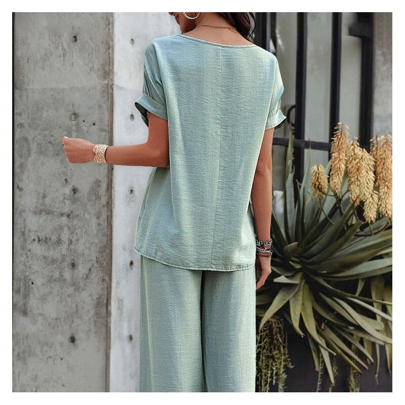 Casual Solid Color Short Sleeve Top and Long Pants Set