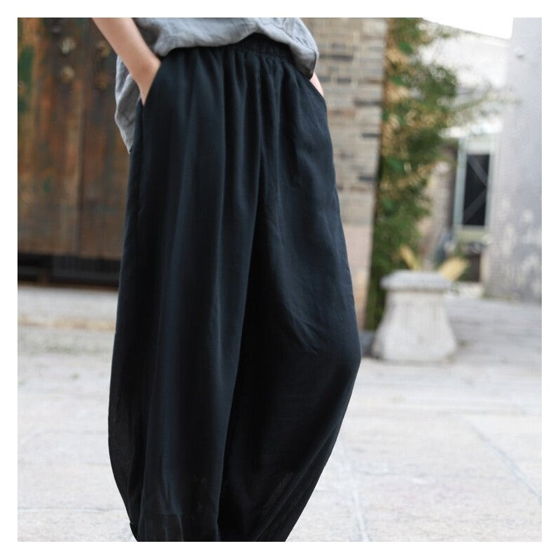 Loose Lantern Pants with Elastic Waist - Solid Color