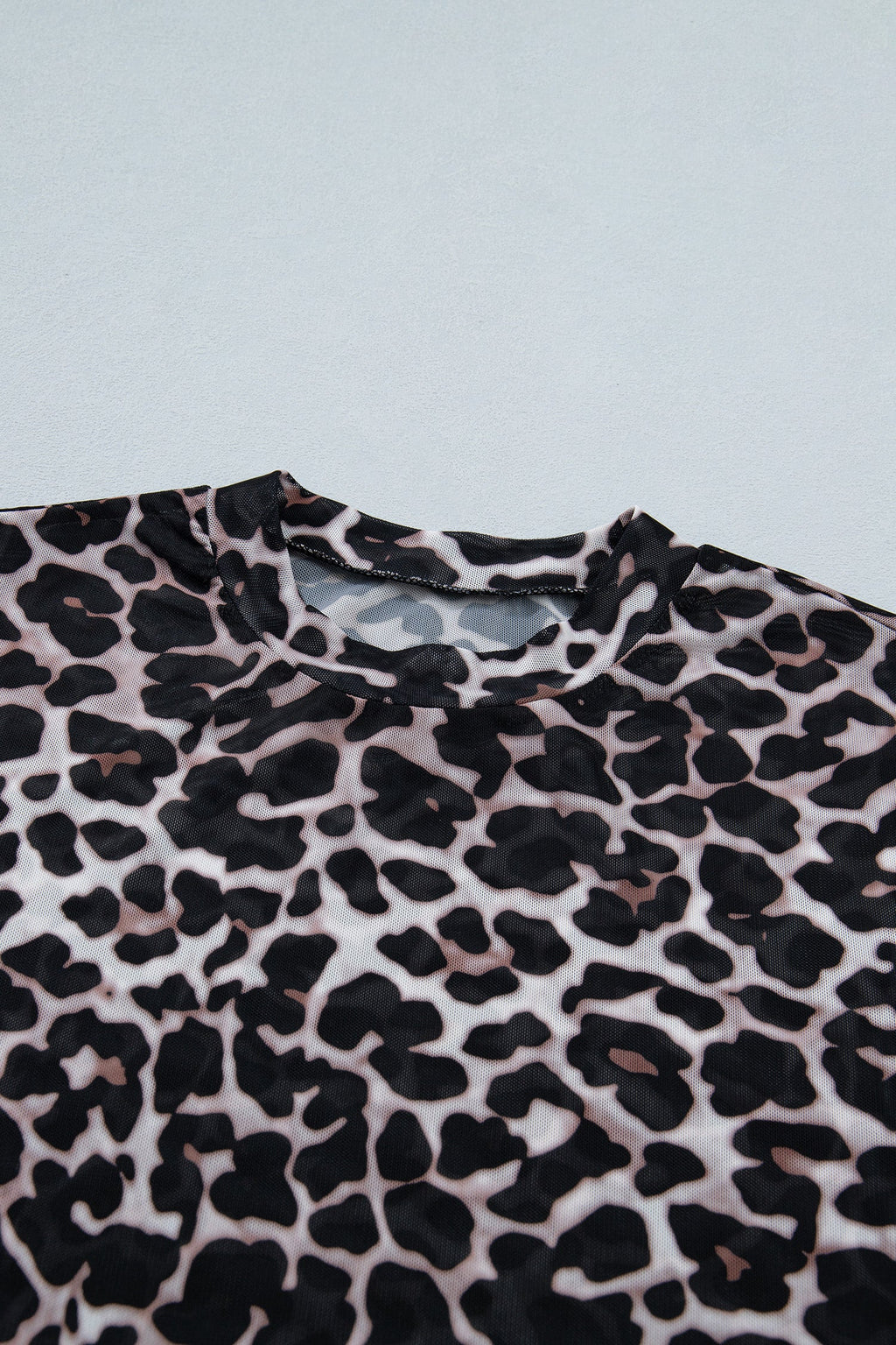 Khaki Leopard Print Sheer Mesh Short Sleeve Top