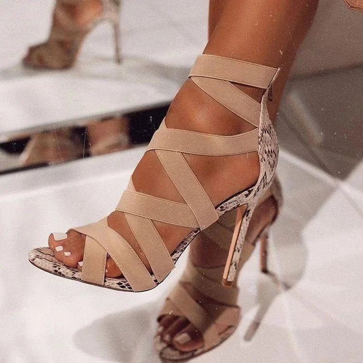 Cheeky Beige Lace-Up Snake Heels