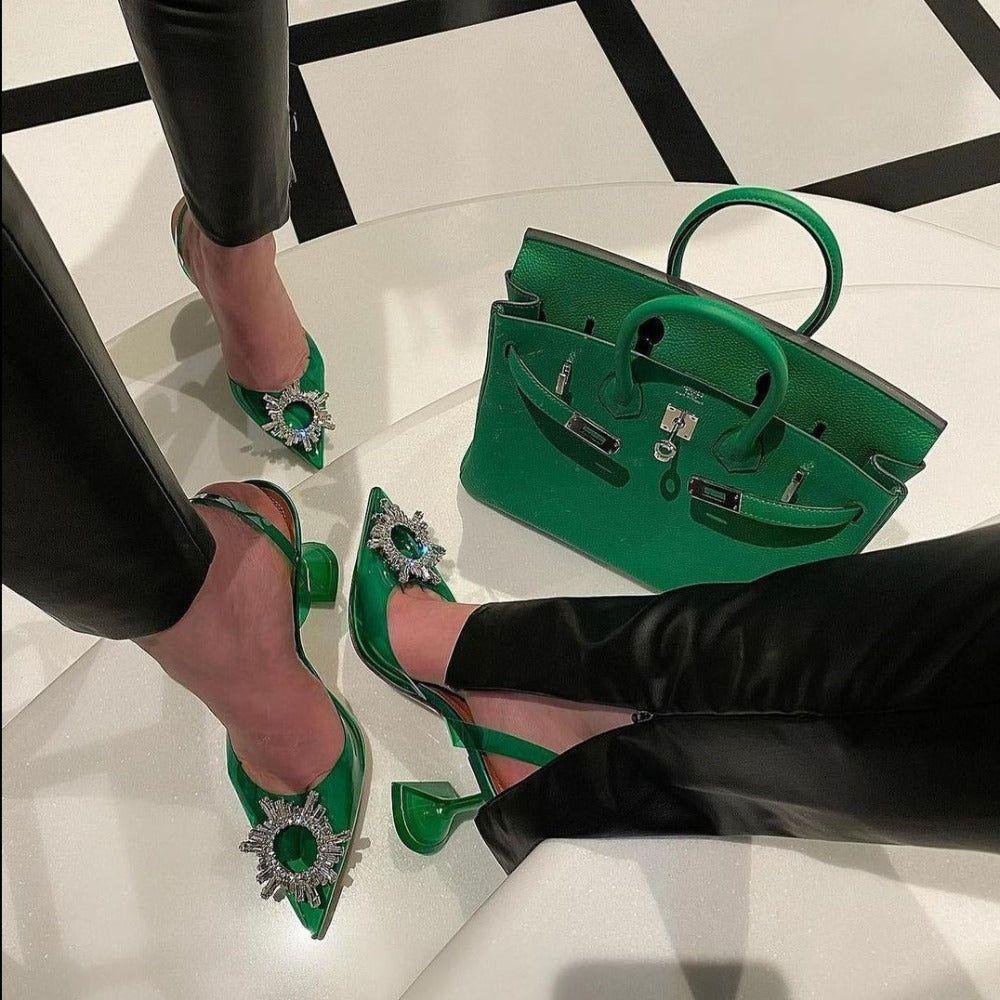 Color Cinderella Pointed Toe Elegant Green Crystal Brooch Heels