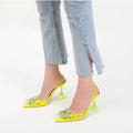 Color Cinderella Pointed Toe Yellow Crystal Brooch Heels