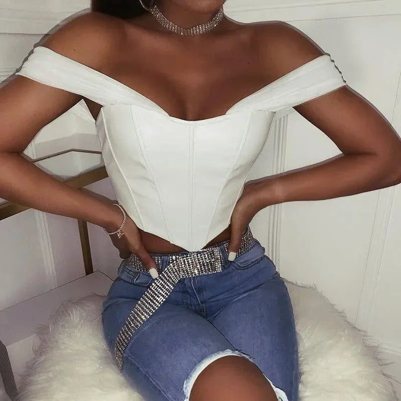 Crave White Leather Off-Shoulder Corset Top