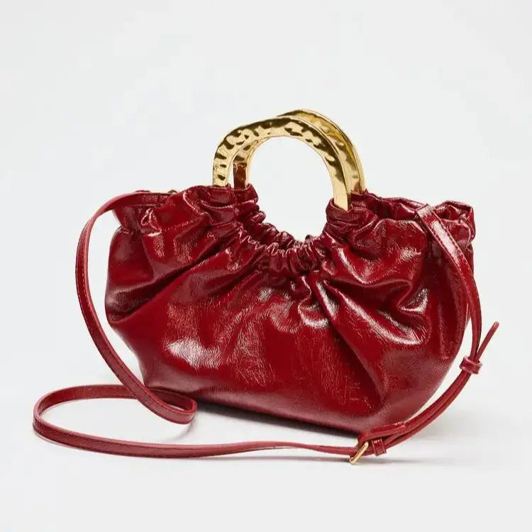 Crimson Aura Ruched Leather Handbag